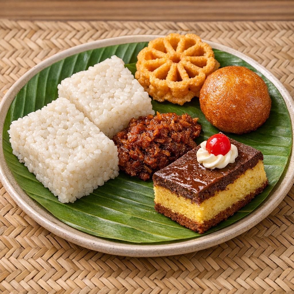 Awurudu food package — kiribath, seeni sambal, kokis, narang kaum and cake on a banana leaf
